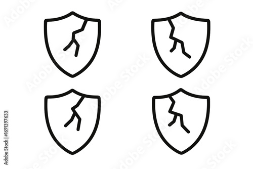 Broken shield icon set. Cracked guard symbol of vulnerability, risk and security failure. Unprotected, defense system damage. Metaphor for data breach or cyber attack.
