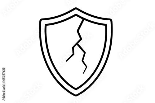 Cracked shield icon vector. Broken protection and security symbol. Concept of vulnerability, risk, damage, and data breach. Unsafe, danger, and failure metaphor illustration.