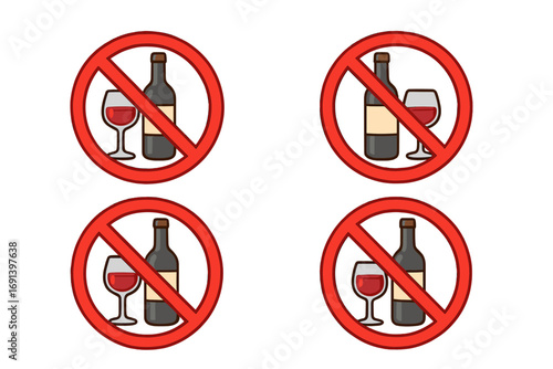 Prohibited no alcohol sign with wine bottle and glass, no drinking symbol set, red circle ban icon, no wine allowed, alcohol restriction, vector cartoon transparent background