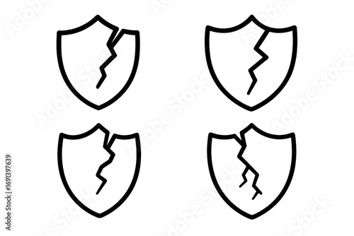 Broken shield icon set. Cracked security and protection symbol. Vector illustration of data breach, vulnerability, and failure. Unsafe, defense concept for web and apps.