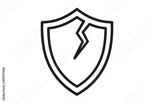 Cracked shield thin line icon. Broken security symbol. Vulnerable, unprotected concept. Metaphor for data breach, cyber attack, risk and danger. Defense failure vector.