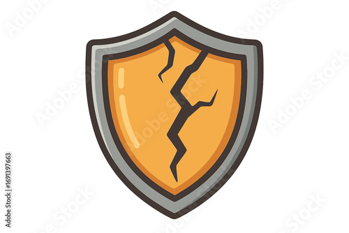 Cracked shield icon vector. Concept of vulnerability, broken security, and data breach. Damaged defense symbol for web. Unsafe, insecure protection metaphor for hacking.