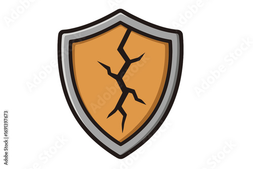 Cracked shield icon vector concept of broken security. Vulnerable protection symbol. Damaged guard sign. Metaphor for data breach, risk, failure and insecurity. Cartoon logo.