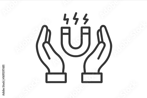 Hands holding a magnet icon. Concept of customer attraction, retention, and lead generation. Inbound marketing strategy for business growth and engagement. Influence metaphor.