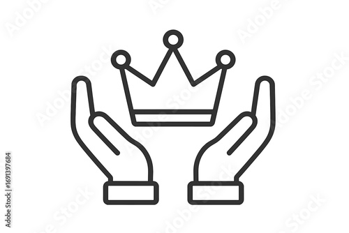 Hands holding crown line icon. Concept for success, premium quality, value and achievement. Royalty and leadership symbol. Vector illustration for business logo or vip.