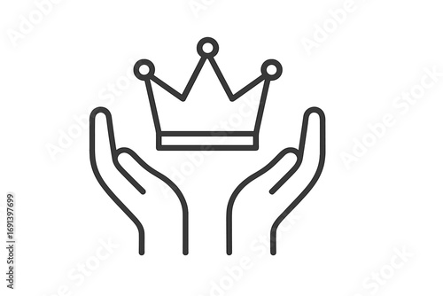 Hands with crown line icon. Customer is king. Premium quality. Best choice. Metaphor for success, power, leadership, award. Royalty, luxury, value. Self esteem. VIP service.