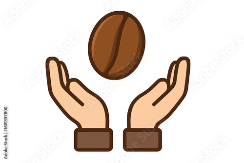 Hands holding coffee bean vector icon. Concept for quality, fair trade, fresh harvest, and agriculture. Graphic symbol for coffee shop, roaster, app. Cartoon illustration.