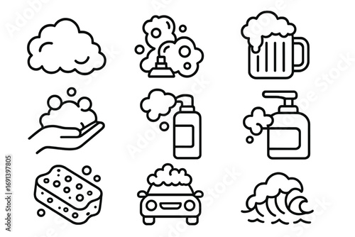 Foam line icon set. Bubbles, soap suds, lather symbols collection. Vector pictograms for cleaning, washing, hygiene. Icons for car wash, beer, shave, sponge, wave.