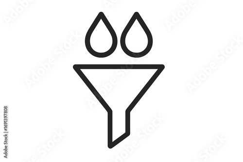 Filter icon with drops. Funnel concept for data sorting and analysis. Water purification symbol. Minimalistic outline vector for web, UI, UX, app design and infographics.