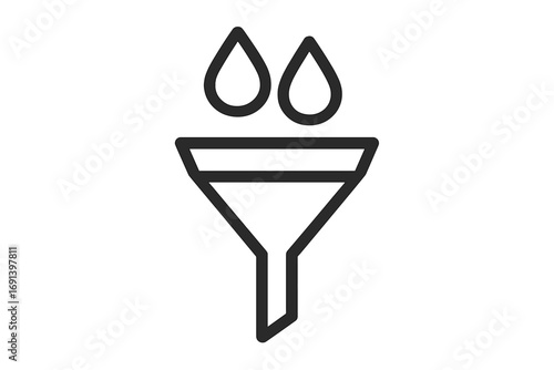 Filter icon with drops. Funnel for sorting data or liquid purification. Minimalistic outline vector for web design, apps, and user interface. Data refinement symbol.