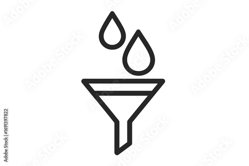 Filter icon with drops falling into a funnel. Data sorting and analysis concept. Minimalistic outline symbol for web, apps, and graphic design. Vector illustration for purification or processing.