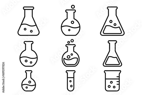 Laboratory flask icon set. Science and chemistry research symbols. Flask, beaker, test tube outline icons. Liquid, solution, experiment, reaction vector illustration.