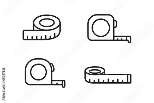 Measure tape line icon set. Ruler and measuring tape vector collection for sewing, construction, and crafts. Minimalist outline symbols for measurement, size, and dimension.
