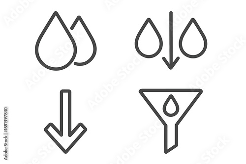 Water filter icon set. Purification and filtration concept. Liquid drops and funnel pictogram. Data filtering and refinement symbol. Clean technology line art vector.