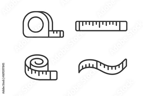 Measure tape line icon set. Ruler and sewing tailor tape for measurement. Construction and carpentry tool. Length, size dimension symbol. Vector illustration editable stroke.