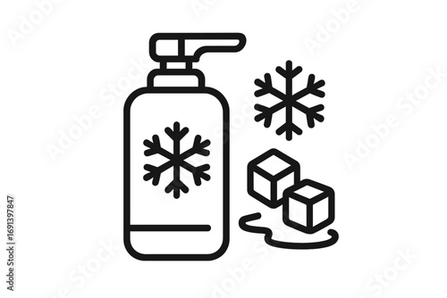 Cooling cosmetic pump bottle icon. Winter frost menthol effect. Line art symbol for shampoo, conditioner, soap with snowflake & ice. Freshness concept vector illustration.