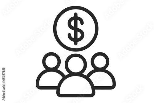 Crowdfunding concept icon with people group and dollar coin. Teamwork, investment, and finance metaphor. Salary, payroll, or budget symbol. Community funding vector.
