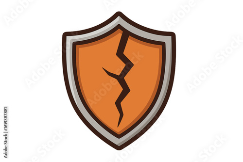 Cracked shield icon vector. Concept of broken protection, vulnerability, insecurity, and risk. Damaged safety symbol for cybersecurity, data breach, app error, or failure.