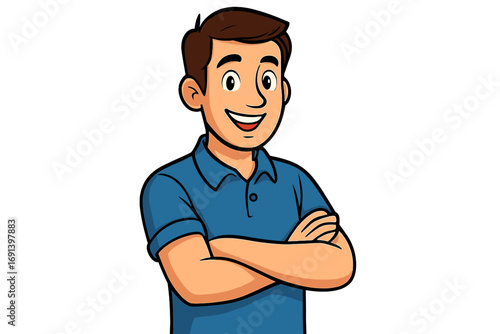 Young smiling man with arms folded. Confident handsome male character or businessman. Casual person mascot for web. Vector cartoon illustration isolated on white background.