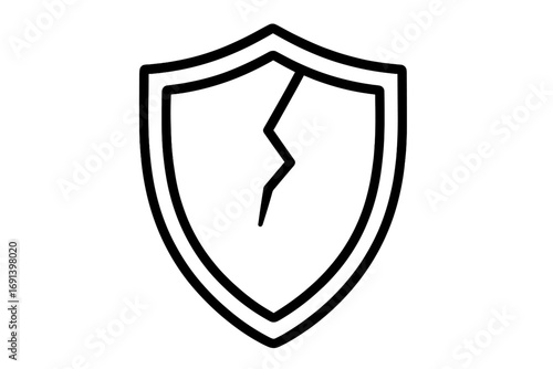 Cracked shield line icon. Concept of vulnerability, risk, data breach, cyber attack, and defense failure. Broken protection and security symbol. Vector illustration for web design.