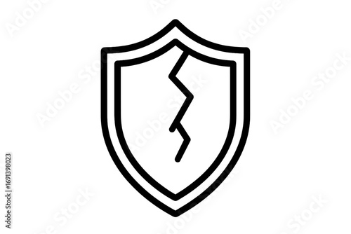 Cracked shield icon representing vulnerability, risk, and failed security. Metaphor for data breach, danger, and broken protection. Vector line art for web and apps concept.