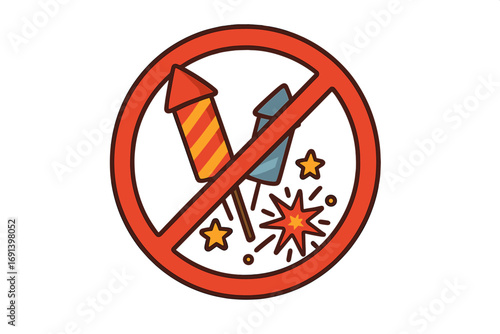 No fireworks sign. Ban on pyrotechnics and firecrackers. Prohibition of festive explosions. Danger warning symbol. Stop using rockets concept. Safety first pictogram. Vector.