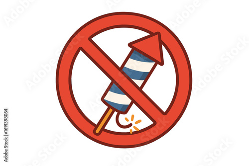 No fireworks warning sign vector. Metaphor for prohibition and ban on pyrotechnics. Danger symbol for new year or 4th of July celebration safety. Flat isolated illustration.