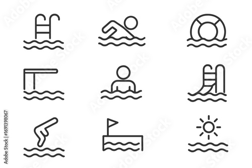 Minimalistic Swimming Pool Line Icon Pack for Web and Graphic Design, Apps, Banners, Social Media, Cards, Vector Linear Pictograms Including Swimmer, Ladder, Slide, Life Ring, and Sun