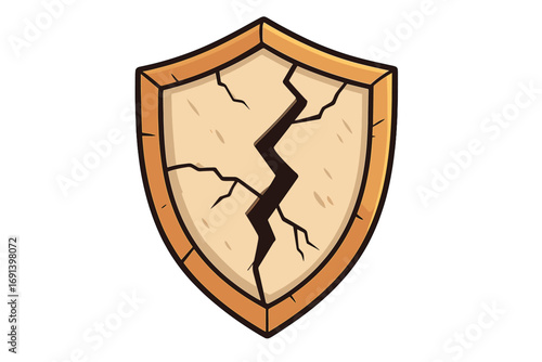 Cracked shield icon concept. Broken defense and vulnerability metaphor. Damaged protection symbol. Security failure and data breach idea. Unsafe, insecure, and risk sign. Vector.