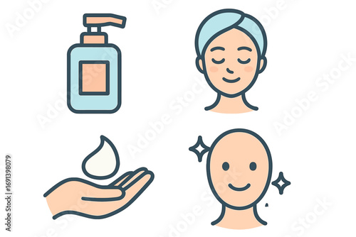 Skincare symbols vector set with skincare product, face with towel, lotion drop on hand, and glowing clean skin face icon, beauty and hygiene concept illustration for apps and graphics