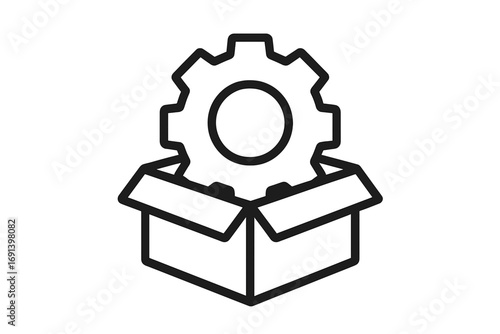 Think outside the box concept icon with gear. Creative solution and innovation idea. Product development process, setup and configuration. Unboxing new feature. Line vector art.