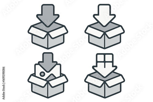 Thin line vector icon set of open boxes with downward arrows, package delivery concept, storage, unpacking symbols, app interface graphics, cartoon style illustrations