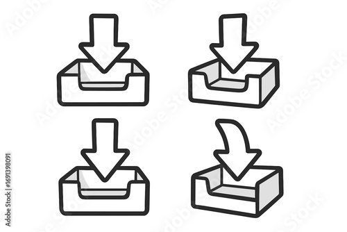 Thin line icon set of inbox tray with downward arrow symbols, concept for download, storage, apps, vector cartoon illustration with transparent background, ordered collection of graphic symbols