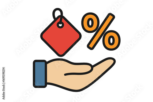 Hand holds percent sign and price tag. Discount, sale, promotion offer concept. Vector icon for shopping, finance, interest rate, loan, and cashback. Bargain, marketing symbol.