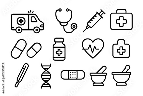 Medical icon set. Healthcare line art collection. Outline symbols for hospital, pharmacy, emergency. Vector ambulance, pill, syringe, dna, stethoscope, first aid pictogram.