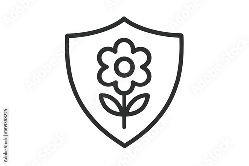 Flower shield line icon. Concept for nature protection, environmental safety, ecology guard. Natural organic product symbol. Plant growth, conservation, and security logo.