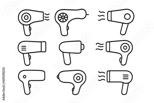 Hair dryer line icon pack. Hairdryer, blowdryer symbol set for web and graphic design. Beauty salon, hairstyling, and haircare concept. Minimal outline vector pictogram.