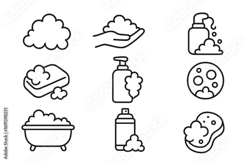 Foam line icon set. Soap, bubbles, and suds vector collection. Outline symbols for washing, cleaning, hygiene, bath, shampoo, dispenser, sponge, and personal care products.