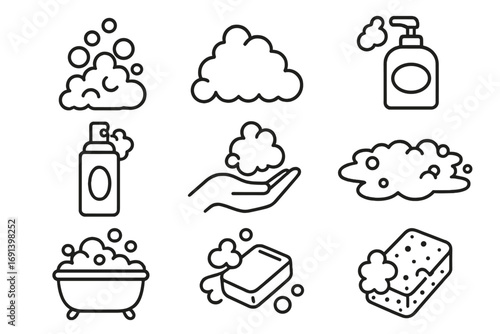 Foam thin line icon set. Soap suds and bubbles vector signs. Hygiene and washing concept. Bar, liquid soap dispenser, spray, sponge, bath. Personal care outline symbols.