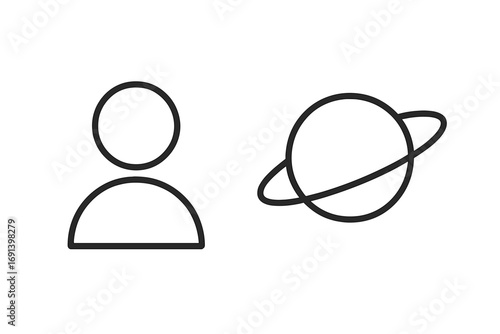 User profile avatar and planet icon set. Person silhouette and space symbol. Minimalist thin line icons for web, graphic design, apps, UI, UX, social network. Vector astronomy.