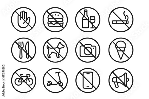 Prohibition signs icon bundle. Forbidden outline symbol set. Vector line art for warning and restriction concepts: no food, no smoking, no alcohol, no pets, no phones, no camera.