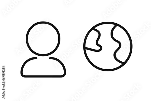 User and globe icon. Person and planet earth. Global communication concept. Worldwide network. International business. Social media profile. Avatar and location symbol. Line art.