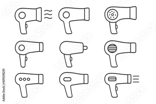 Hairdryer line icon set. Blow dryer outline pictogram collection for web design, apps and graphics. Hairdressing salon equipment symbol. Minimalist hair styling tool vector.