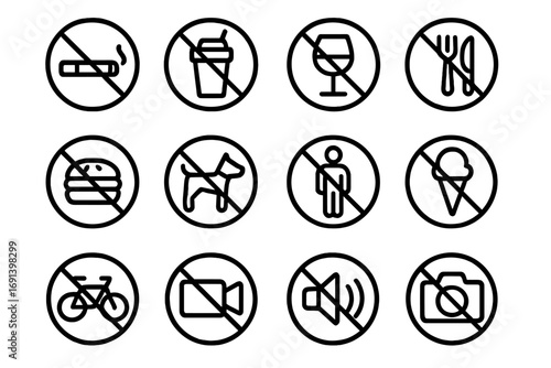 Prohibition signs line icon set. Forbidden symbols collection. No smoking, food, drinks, pets, dogs, loud noise, camera. Warning and restriction vector pictograms for web.