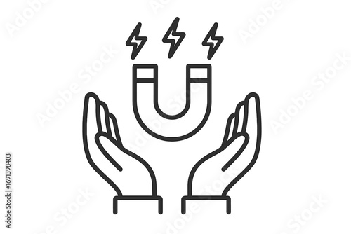 Hands holding magnet line icon. Concept of attraction, influence, and customer retention. Metaphor for marketing, lead generation, and engagement. Simple vector graphic.