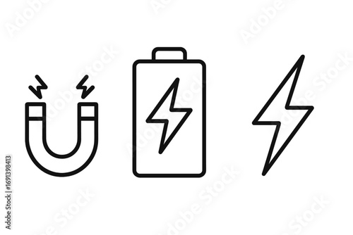 Energy and power line icons set. Magnetism, battery charge, and electricity bolt symbols. Vector outline graphic elements for web design, apps, and user interface.