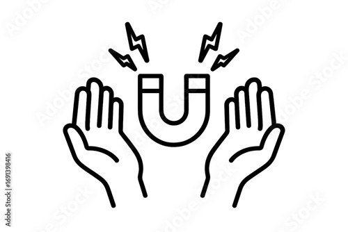 Hands with magnet line icon. Customer attraction, lead generation, and inbound marketing concept. Influence, engagement and retention power symbol. Vector graphic illustration.