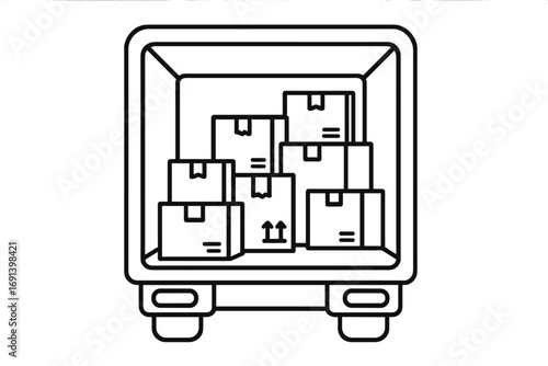 Delivery truck with open back full of cardboard boxes and packages. Vector line icon for logistics, shipping, moving service, and cargo transport. Freight and distribution concept.
