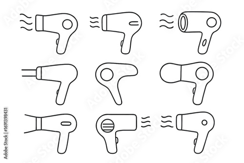 Hairdryer line icon pack. Blow dryer outline pictogram collection. Minimalist hairdressing tool for web design, apps. Salon equipment symbol. Hair care, styling, beauty concept vector.