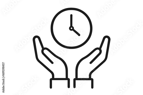 Hands holding clock line icon. Time management and time saving concept. Metaphor for efficiency, productivity, schedule, and deadline. Vector cartoon illustration.